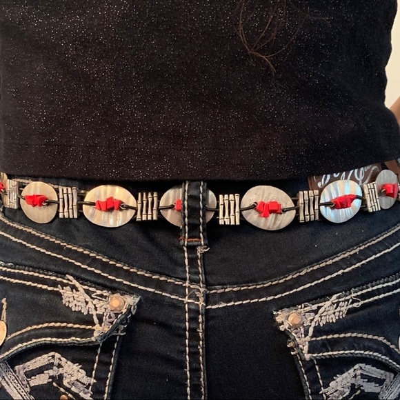 Vintage belt silver toned discs red beads black cords EUC - Picture 6 of 10